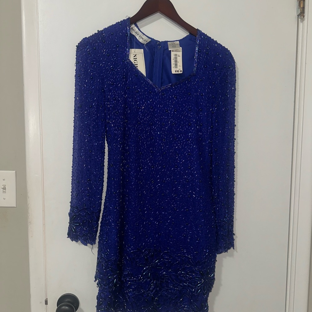 XS Elegant Blue Silk Beaded Dress, Vintage